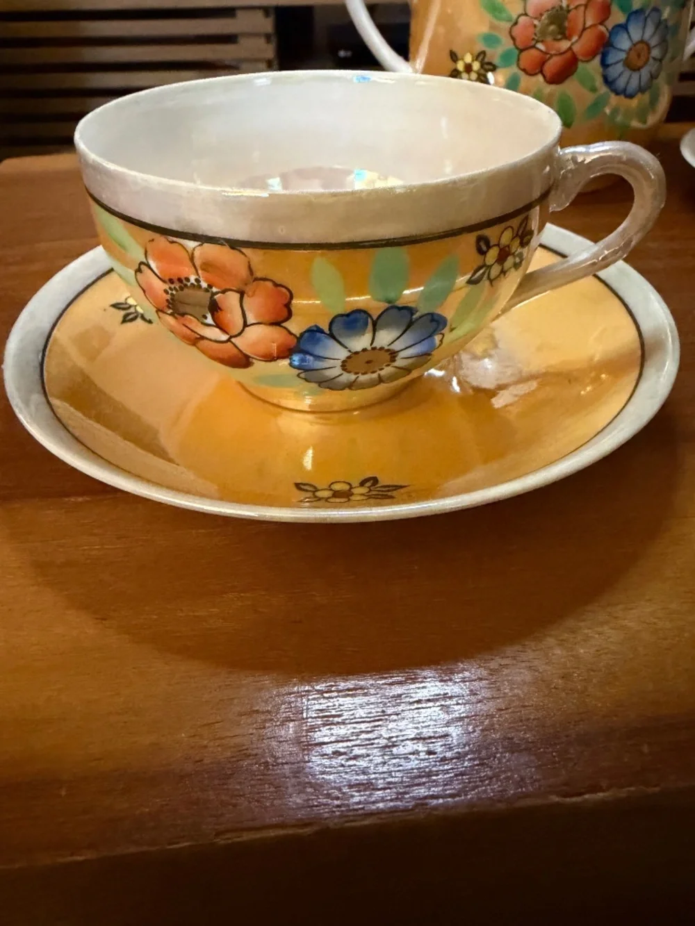 Vintage (1921-41) Japanese Lusterware Porcelain Sugar Bowl with 2 Cups & Saucers
